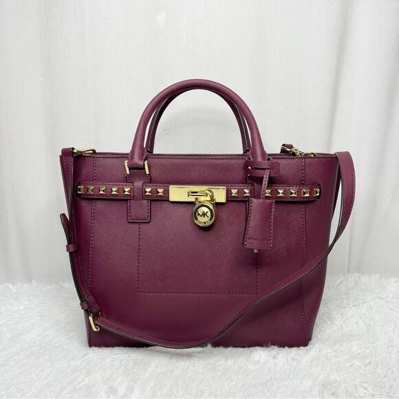 MICHAEL KORS / Hamilton Traveler studded burgundy maroon plum tote bag - Picture 1 of 14